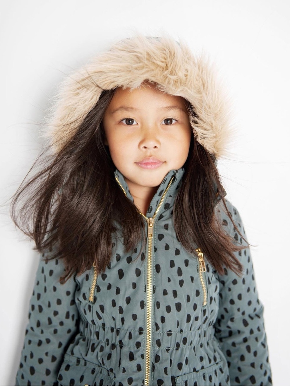 H&M Green Spotted Coat with Detachable Fur Lined Hood Sz 5-6